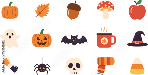 A delightful collection of autumn and Halloween themed flat design icons, perfect for seasonal celebrations, fall decorations, and spooky festivities featuring pumpkins, ghosts, and warm drinks