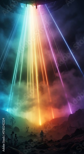 Surreal landscape with celestial lights illuminating solitary figure