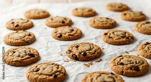 Warm chocolate chip cookie assortment displayed on parchment paper surface