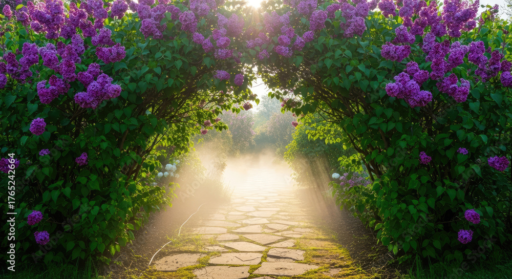 Obraz premium Purple Flower Covered Garden Archway With Climbing Vines.