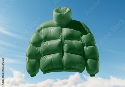 Green Puffer Jacket Mockup Floating Skyward PSD