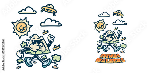 Groovy retro illustration of cool sporty mountain do walking exercise with joy and fun on evening below the beautiful of sunset, cartoon character for poster, card, banner, content, print and t-shirt