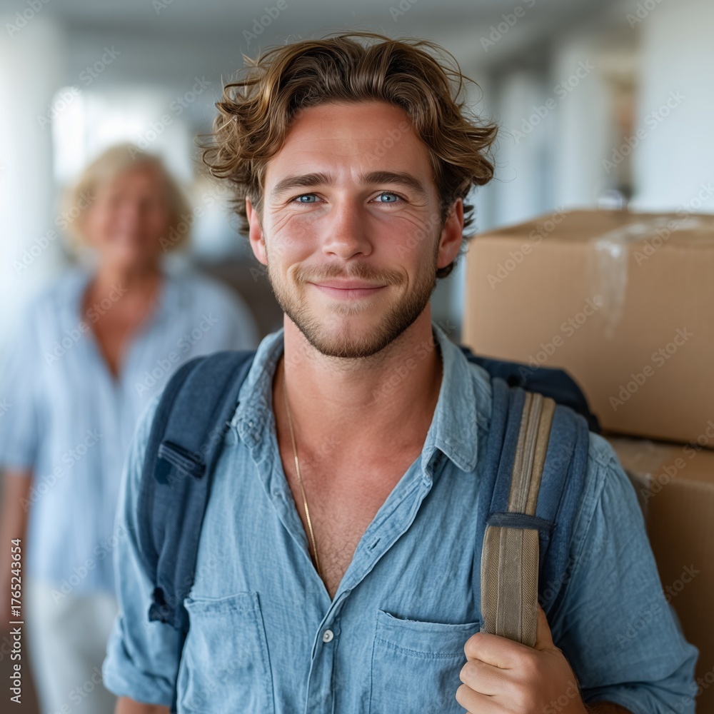 Fototapeta premium A man carrying a backpack and smiling at the camera