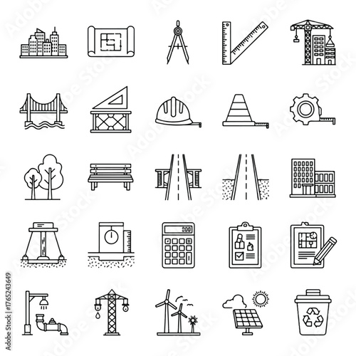 A collection of line art icons representing various aspects of civil engineering and construction projects.