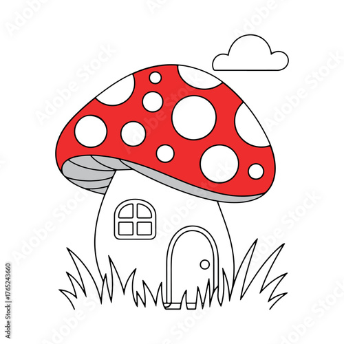 Whimsical Mushroom House Illustration with Red Cap and White Spots
