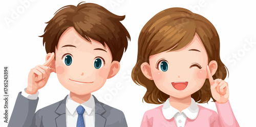 Ein freundliches Cartoon-Paar präsentiert mit einem Lächeln kreative Ideen und positive Kommunikation für Geschäft und Alltag.