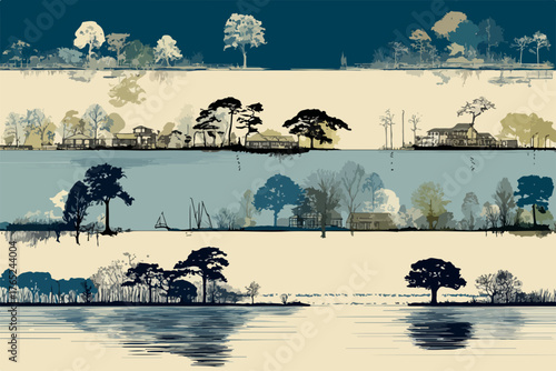 Eine ruhige Vektorillustration von Bäumen, die sich im Wasser spiegeln, in verschiedenen Schichten und Farbtönen, die eine friedliche und natürliche Szene darstellen.