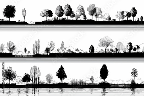 Diese Vektorgrafik zeigt eine Sammlung von Baumreihen in verschiedenen Stilen, die sich ideal für architektonische Darstellungen oder Landschaftsplanungen eignen.