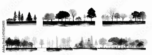 Schwarz-weiße Vektorillustration verschiedener Baumgruppen, die eine ruhige und natürliche Atmosphäre für Designprojekte schaffen.