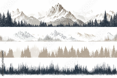 Vektorillustration von vier verschiedenen Wald- und Berglandschaften, die eine ruhige und friedliche Atmosphäre vermitteln.