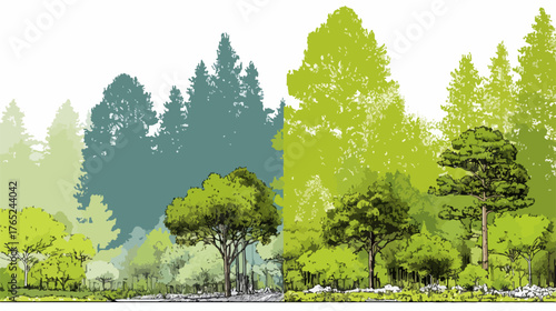 Eine Vektorillustration einer Waldlandschaft mit verschiedenen Baumarten und einer ruhigen Atmosphäre, ideal für Naturliebhaber und Designprojekte.