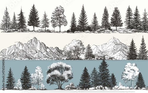 Diese Vektorgrafik zeigt eine detaillierte Sammlung von Bäumen und Bergen in verschiedenen Stilen, ideal für Natur- und Landschaftsprojekte.