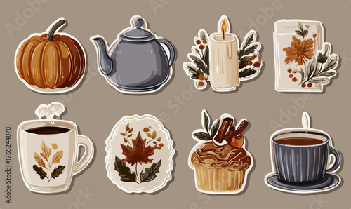 Eine charmante Sammlung herbstlicher Vektor-Sticker mit Kürbis, Teekanne, Kerze und gemütlichen Getränken für eine warme Atmosphäre.