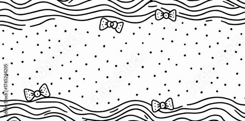 Ein charmantes Schwarz-Weiß-Vektor-Design mit eleganten Wellen, zarten Punkten und niedlichen Schleifen, perfekt als dekorativer Hintergrund.