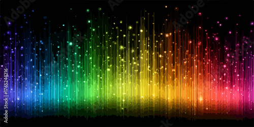 Dieses dynamische Vektor-Hintergrundbild präsentiert ein leuchtendes Regenbogenspektrum aus vertikalen Linien und funkelnden Partikeln auf dunklem Grund.