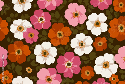 Ein wunderschönes, nahtloses Vektormuster mit stilisierten Blumen in lebhaften Farben, ideal für Stoffe und Hintergründe.