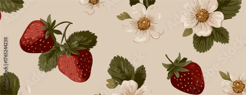 Nahtloses Vektormuster mit roten Erdbeeren und zarten weißen Erdbeerblüten, ideal für frühlingshafte Designs und Textilien.