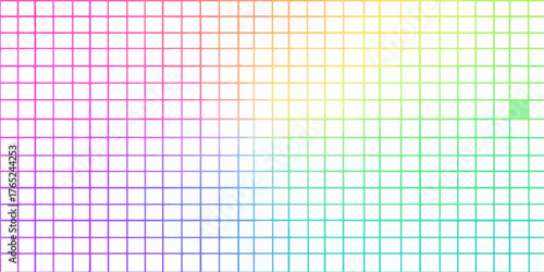 Dieses abstrakte Vektorgitter zeigt einen sanften Regenbogenfarbverlauf mit einem einzigartigen grünen Akzentquadrat.