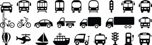 Vehicle and transportation glyph icon bundle with car, train, bus, bicycle, boat, airplane, travel, logistics, public transit concepts, black vector silhouettes for travel, transport, logistics, and p