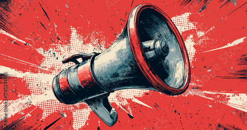 Aggressiver Grunge-Megafon Vektor vor rotem, strahlenförmigem Hintergrund für Ankündigung oder Protest.