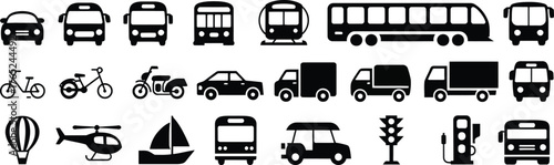 Vehicle and transportation glyph icon bundle with car, train, bus, bicycle, boat, airplane, travel, logistics, public transit concepts, black vector silhouettes for travel, transport, logistics, and p