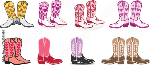 Cowboy and Cowgirl Boots Clipart Vector Set – Western Shoes Drawing Illustrations for Rodeo, Country Style, Fashion, and Wild West Design