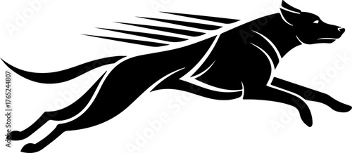 Stylized black silhouette of a fast running dog with speed lines, depicted in a dynamic leaping pose.