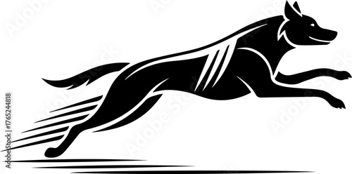A dynamic black silhouette of a dog leaping forward at high speed, depicted in a stylized, graphic manner with motion lines.
