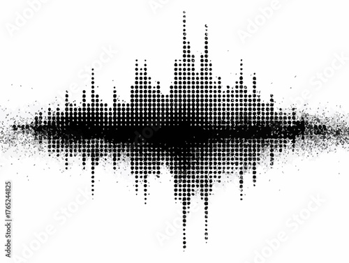 Abstrakte schwarze digitale Audio-Wellenform aus Punkten mit Grunge-Effekt auf weißem Hintergrund.