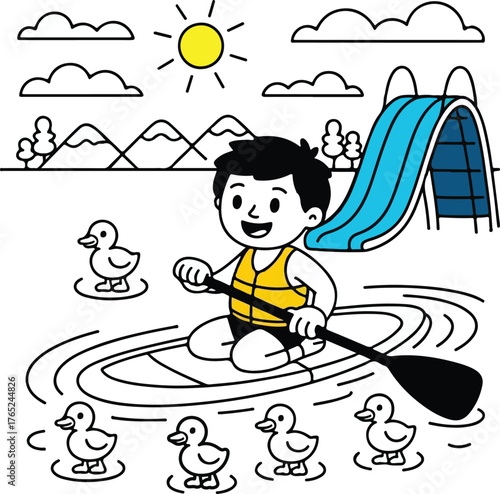 Happy Child Paddling on Lake Illustration – Summer Adventure Cartoon with Waterslide, Sunshine, and Enjoy Your Life Inspiration