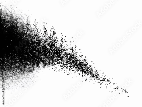 Abstrakte schwarze Partikelwolke als dynamischer Vektor-Spray-Effekt auf weißem Hintergrund isoliert.