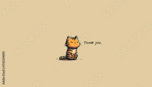 Niedliche, gezeichnete orangefarbene Katze sitzt und sagt "Thank you" auf beigem Hintergrund.