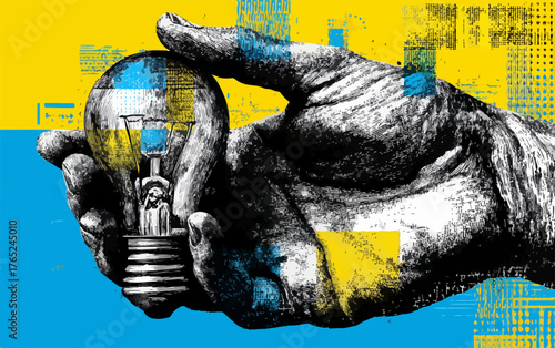 Alte Hand hält leuchtende Glühbirne mit abstrakten gelb-blauen Farbakzenten im Vektorstil.