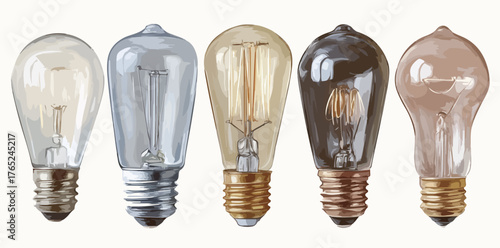 Eine Illustration von verschiedenen Vintage-Glühbirnen in verschiedenen Formen und Farben, isoliert auf weißem Hintergrund.