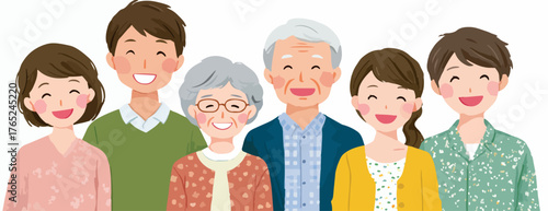 Eine glückliche Familie, die sich freut und lächelt, mit verschiedenen Generationen, die in einer Vektorillustration dargestellt werden.