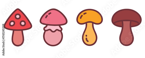Four Colorful Cartoon Mushrooms, Set of Cute Doodle Fungi, Vector Illustration of Assorted Mushrooms, vector, illustration.