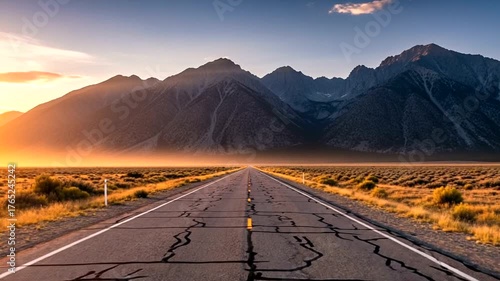 Serene sunset over a cracked highway leading to majestic mountains in the distance