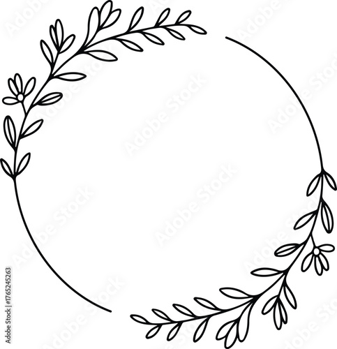 Hand-Drawn Floral Wreath Circle Frame Vector Illustration Botanical Leaf and Flower Border Design Isolated on White Background