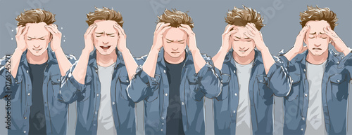 Ein Mann zeigt verschiedene Emotionen, die von Stress und Angst geprägt sind, dargestellt in einem Vektor-Illustrationsstil.