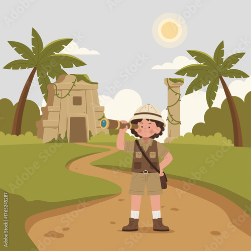 Explorer Boy at Ancient Ruins