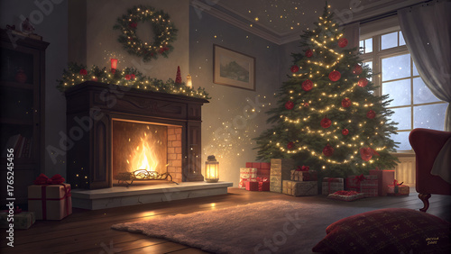 Wallpaper Mural A beautifully decorated Christmas tree stands by a warm fireplace inside a cozy home on a festive winter night Torontodigital.ca