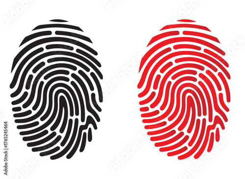 Two fingerprints, one in black and the other in red, isolated on white background, symbolizing identity, security, and uniqueness, with detailed ridges and whorls, suitable for forensic or personal id