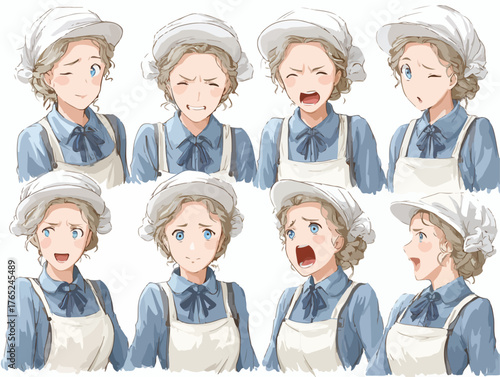 Eine junge Frau mit verschiedenen Gesichtsausdrücken und Emotionen, die Gefühle und Reaktionen zeigt.