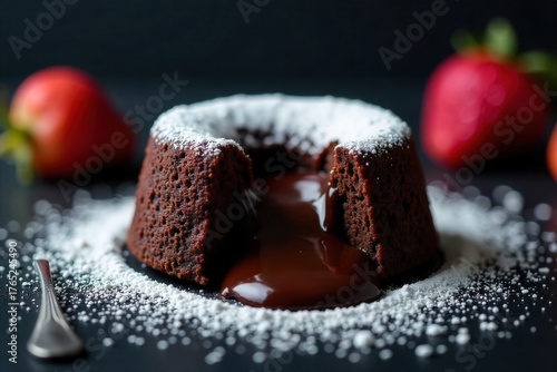 Rich Chocolate Lava Cake with a Molten Center and Powdered Sugar Dusting A close up, slightly elevated view of a dark chocolate lava cake on a dark, textured surface. The cake has a perfectly cooked