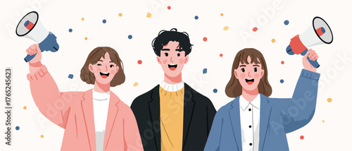 Drei fröhliche Menschen mit Megafonen rufen laut und feiern mit Konfetti
