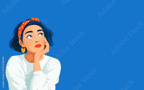 Eine junge Frau blickt nachdenklich in den blauen Himmel, ihre Gedanken schweifen ab.