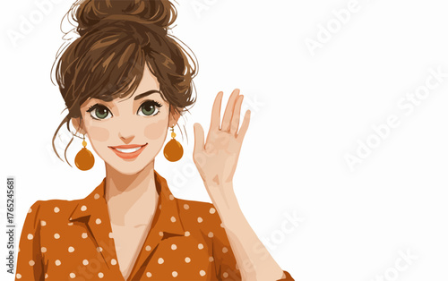 Eine freundliche junge Frau mit einem Dutt winkt fröhlich und lächelt charmant in die Kamera.