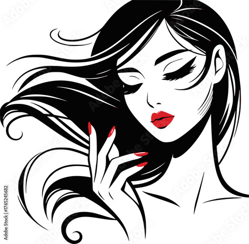 Beautiful sexy face, red lips, hand with red manicure nails, fashion woman, element design, nails studio, curly hairstyle, hair salon sign, icon. Beauty logo, vector. EPS version.