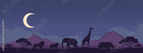 jungle safari zoo banner,  animal silhouette,  night adventure background, sales discount promotion , vector art