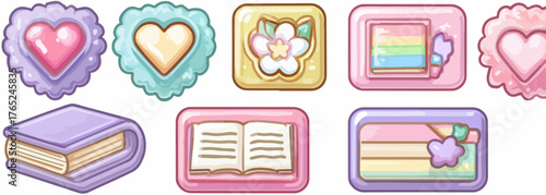 Niedliche Vektor-Icons mit Herzen, Buch, Blume und Regenbogenmotiven in Pastellfarben.